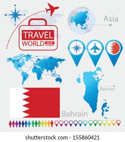 Kingdom of Bahrain. flag. Asia. World Map. Travel vector Illustration.