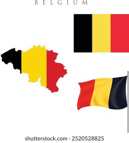 Kingdom of Belgium ( flag and map ) . waving flag of. Vector flag of Belgium. . national Belgium map inside of rectangular and fly flag