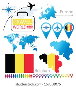 Kingdom of Belgium. flag. World Map. Travel vector Illustration.