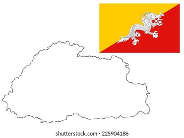 Kingdom of Bhutan vector map contour silhouette and vector flag, high detailed silhouette illustration isolated on white background. Country in Asia.