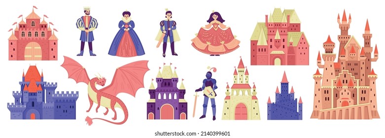 Kingdom big set with characters of medieval fairytale heroes castles and flying dragon on blank background vector illustration