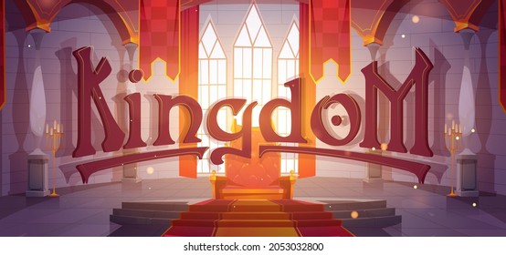 Banner de dibujos animados del reino, interior del castillo medieval con trono real rey, banderas rojas y ventanas de arco. Fondo del juego de ordenador, portada del libro con palacio de fantasía, ilustración vectorial de cuento de hadas