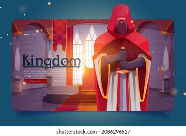Kingdom cartoon landing page, ancient warrior in medieval castle throne room, knight, heraldic soldier with sword, guard with blade, fairy tale character, game or book personage, Vector web banner