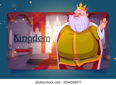 Kingdom cartoon landing page, king in palace, medieval royal family character, smiling fat monarchy person in gold crown and luxury dressing in throne room, fairytale game personage, Vector web banner