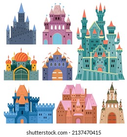 Kingdom castle icon set huge multi colored ones with flags and different kinds of roofs vector illustration