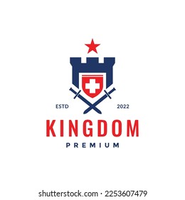 kingdom castle star cross swords classic legend colored retro logo design vector icon illustration template