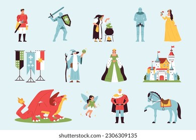 Kingdom color set with fairy tale story symbols flat isolated vector illustration