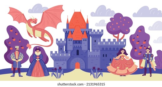 Kingdom composition with doodle style heroes and outdoor scenery with fruit trees flying dragon and castle vector illustration