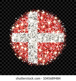 Kingdom of Denmark flag sparkling badge. Round icon with Danish national colors with glitter effect. Button design. Vector illustration. One of a series of signs