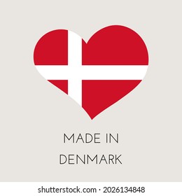 Kingdom of Denmark heart shaped label with danish flag. Made in Denmark sticker. Factory, manufacturing and production country concept. Vector stock illustration