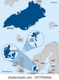 The Kingdom of Denmark map, administrative divisions. Denmark vector map and its two autonomous territories: the Faroe Islands and Greenland