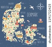 Kingdom of Denmark map vector, Nordic country geographic banner template, landmark Copenhagen City Hall, Museum Of Hans Christian Andersen Odense, Church Bornholm Ronne, illustration scandinavia