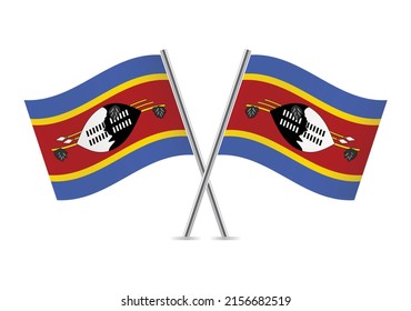 The Kingdom of Eswatini crossed flags. Swaziland flags. Swazi flags on white background. Vector icon set. Vector illustration.