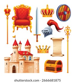 Königreich und Fantasie-Objekte, darunter ein königlicher Thron, Schloss, Kronen, Zepter, Schild und eine Schatztruhe. Vektorgrafik