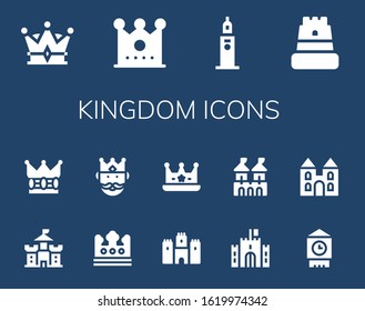 kingdom icon set. 14 filled kingdom icons. Included Crown, Clock tower, Castle, King, Fortress, Big ben icons