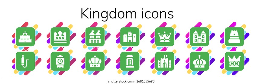 juego de iconos del reino. 14 iconos llenos de reino. Castillo incluido, Jack, Corona, Big ben, Fortaleza, iconos de cabina telefónica