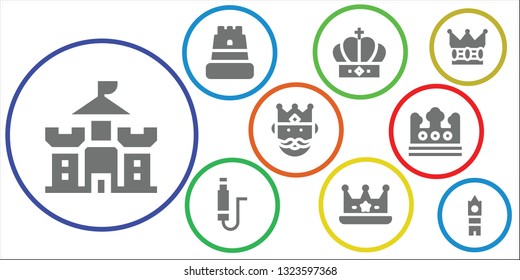 kingdom icon set. 9 filled kingdom icons.  Collection Of - Castle, Crown, Jack, King, Big ben