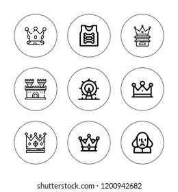 Kingdom icon set. collection of 9 outline kingdom icons with armor, castle, crown, london eye icons. editable icons.