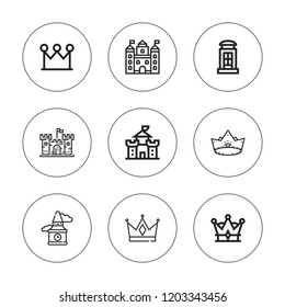 Kingdom icon set. collection of 9 outline kingdom icons with big ben, castle, crown icons. editable icons.
