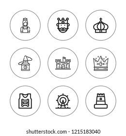 Kingdom icon set. collection of 9 outline kingdom icons with armor, big ben, castle, crown, london eye, king icons. editable icons.