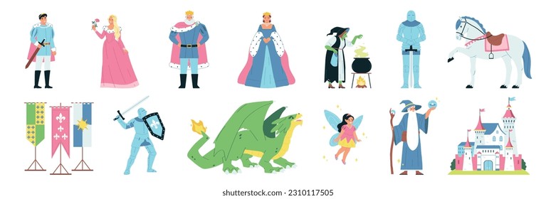 Kingdom icons set with fairy tale symbols flat isolated vector illustration