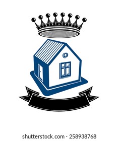 Kingdom idea, imperial blazon with a stylish dimensional crown and decorative beautiful ribbon. Stylized graphic design element, heraldry.