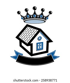 Kingdom idea, imperial blazon with a stylish dimensional crown and decorative beautiful ribbon. Stylized graphic design element, heraldry.