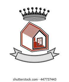 Kingdom idea, imperial blazon with a stylish dimensional crown and decorative beautiful ribbon. Stylized graphic vector design element, heraldry.