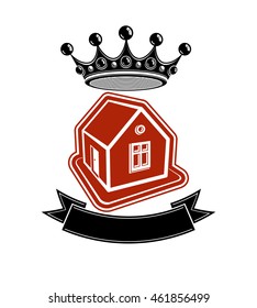 Kingdom idea, imperial blazon with vector stylish dimensional crown and decorative beautiful ribbon. Stylized graphic design element, heraldry.