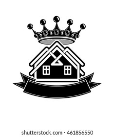 Kingdom idea, imperial blazon with vector stylish dimensional crown and decorative beautiful ribbon. Stylized graphic design element, heraldry.