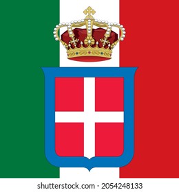 Kingdom Of Italy Historical Coat Of Arms On The Tricolor Flag, Vector Illustration