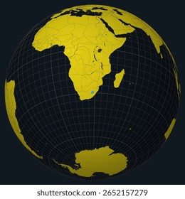 Kingdom of Lesotho on Globe. Country view on the world map in Charcoal Bright Yellow color palette. Lesotho shape on map. Globe with meridians, parallels, countries, rivers and lakes.