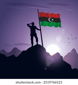 Kingdom of Libya Flag hoisted on a mountain peak with a purplish sunset in the background, vector illustration