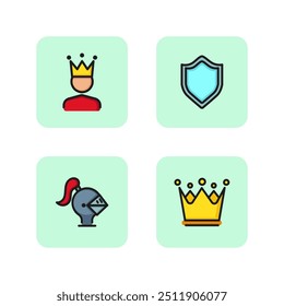 Conjunto de iconos de línea de reino. Casco de caballeros, escudo, rey y corona. Concepto medieval. Ilustración vectorial para el Diseño web y los App