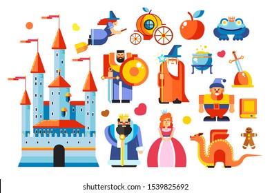 Kingdom and magic, fairy tale characters, castle and royalty vector. Princess and king, dwarf and frog, witch and wizard, dragon and castle. Knight and sword in stone, apple and coach, kettle and book