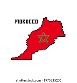 Kingdom of Morocco, 8 bit pixel art african country map with flag isolated on white background. Old school vintage retro 80s, 90s computer, video game graphics. Slot machine design element.