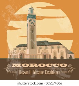 Kingdom of Morocco landmarks. Hassan III Mosque in Casablanca. Retro styled image. Vector illustration