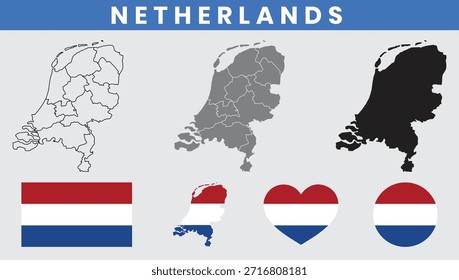 Juego de Vectores de mapa y bandera del Reino de los Países Bajos.