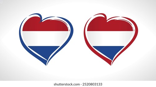 Reino de los Países Bajos emblema turístico. Me encanta el diseño creativo de símbolos de Holanda. Lindo icono de corazón y bandera. Concepto de logotipo creativo de recuerdo de Festiva. Publicidad de agencia de viajes. Elemento gráfico de negocio.