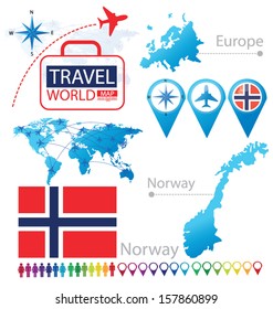 Kingdom of Norway. flag. World Map. Travel vector Illustration.
