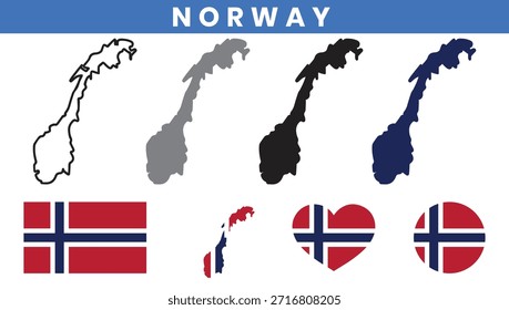 Mapa do Reino da Noruega e conjunto de vetor da bandeira com contornos dos condados