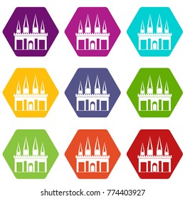 Kingdom palace icon set many color hexahedron isolated on white vector illustration