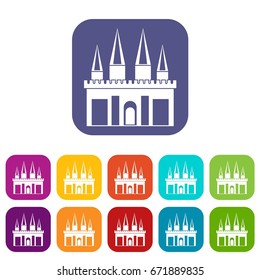Kingdom palace icons set vector illustration in flat style In colors red, blue, green and other