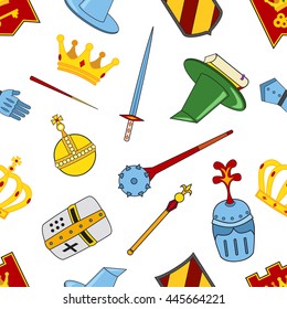 Kingdom pattern - castle, spear, shield, knights, helmets, magic wand, book of magic, steel glove, ribbon, crowns, mace, orb. Legendary fairy-tale flat icons set abstract isolated vector pattern.
