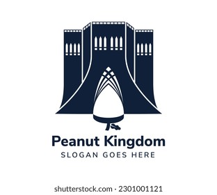 plantilla de diseño del logotipo de reino con maní. símbolo monocromo de color azul. aislado en fondo blanco horizontal. cacahuete en espacio negativo.