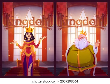 Kingdom posters with king and queen in medieval castle. Vector flyers with cartoon illustration of beautiful woman in gold crown and monarch in royal palace interior with king throne