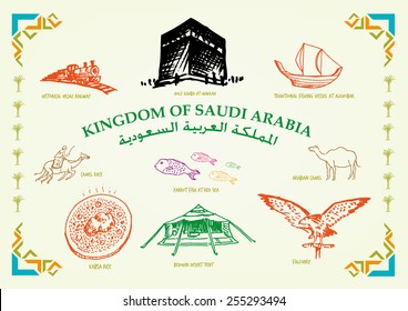 Kingdom of Saudi Arabia Line Art Cultural Icons and Transportations. Country text in Arabic and English versions.  Handdrawn doodle Illustration in vector and jpg with modern islamic frame design. 