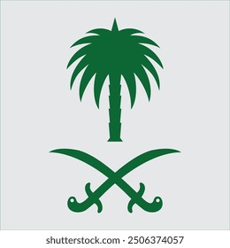 kingdom of Saudi Arabia Logo. Palm Dates Tree and Swords. Vector Illustration.