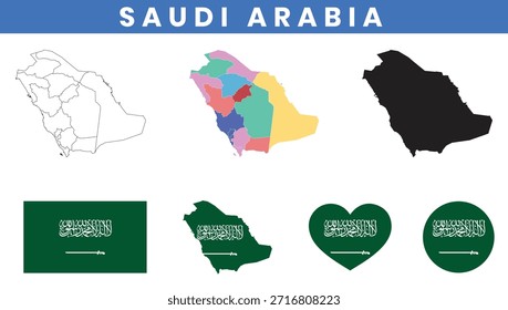 Mapa do Reino da Arábia Saudita e conjunto de vetor da bandeira com contorno das províncias