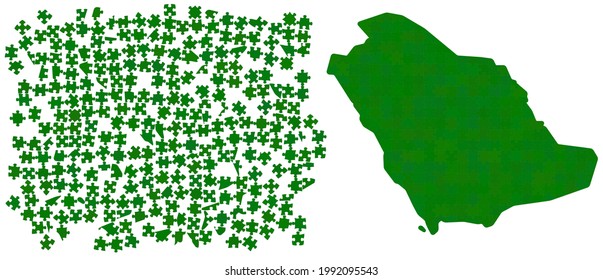 Kingdom Saudi Arabia map made out of different shades green - national color - jigsaw puzzle pieces, 286 scattered blocks and finished version